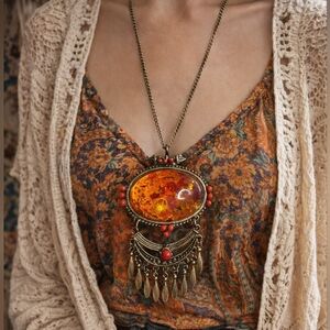 Vintage Boho Amber Resin Fringe Pendant Necklace Egyptian Tribal 30"